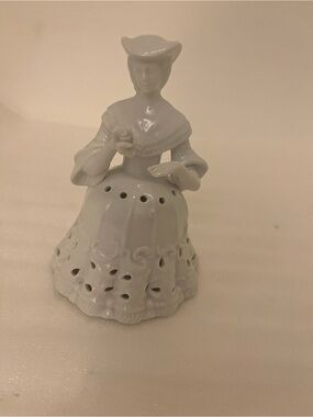 Unmarked Porcelain Lady Figurine Bell, White, Pierced Glossy Finish